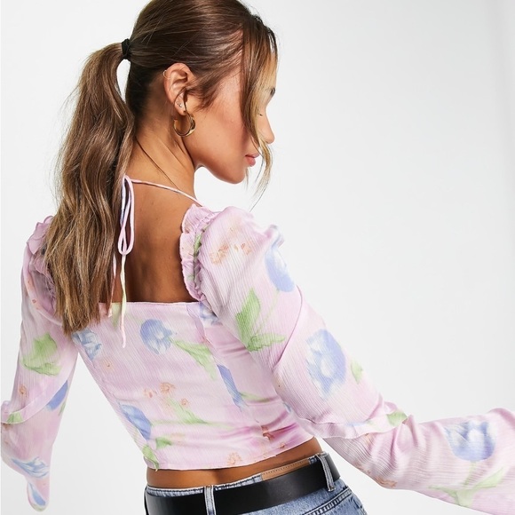 ASOS Design Corset Top With Ruffle Shoulder In Pink Occasion Floral Print Size 4 - Picture 3 of 15